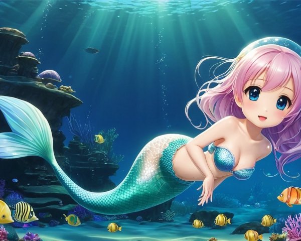 Vibrant Underwater Scene with Cheerful Mermaid