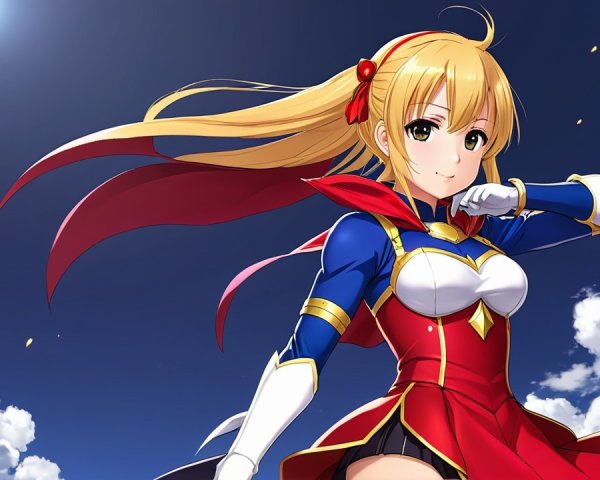 Confident Female Superhero in Blue and Red Costume