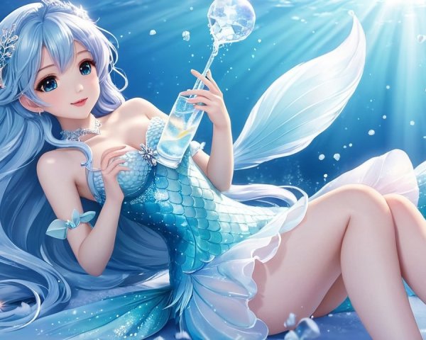 Underwater Scene of a Mermaid with Blue Hair