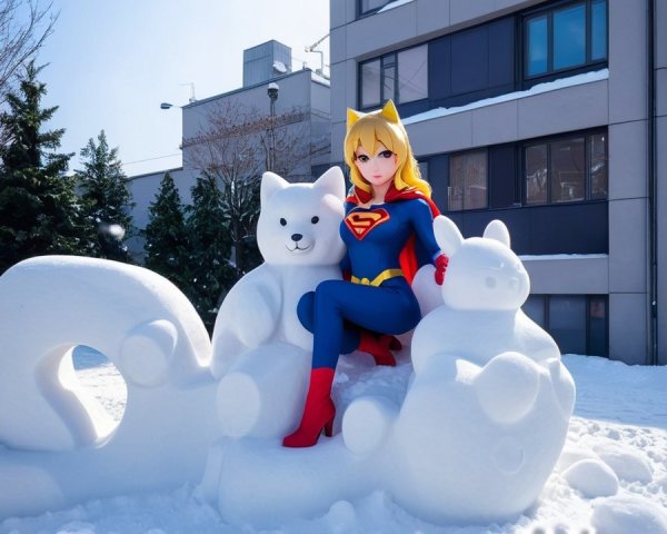 Whimsical Winter Scene with Snow Sculpture and Animals