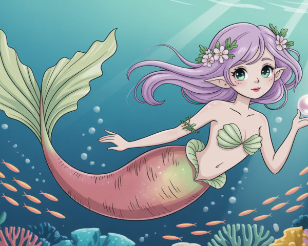 Lavender-Haired Mermaid with Iridescent Pearl in Ocean