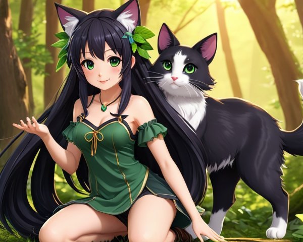 Forest Spirit in Green Dress with Cat Companion
