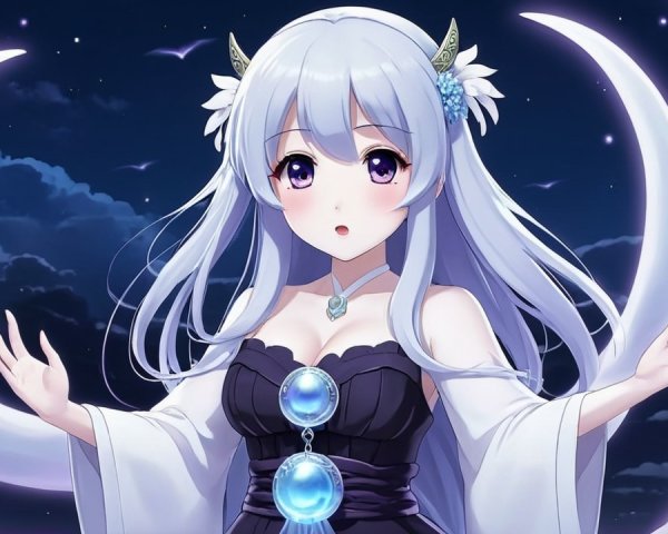Mystical Girl with Silver Hair Under Moonlit Sky