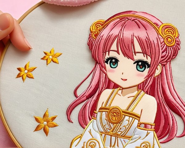 Embroidered Character with Pink Hair and Gold Accents