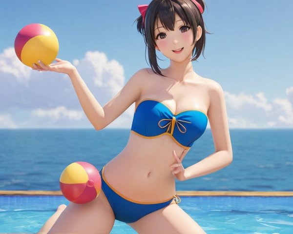 Cheerful Woman in Blue Bikini by Poolside