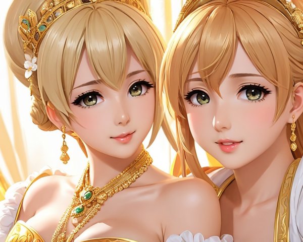 Elegant Women in Golden Outfits with Jewelry