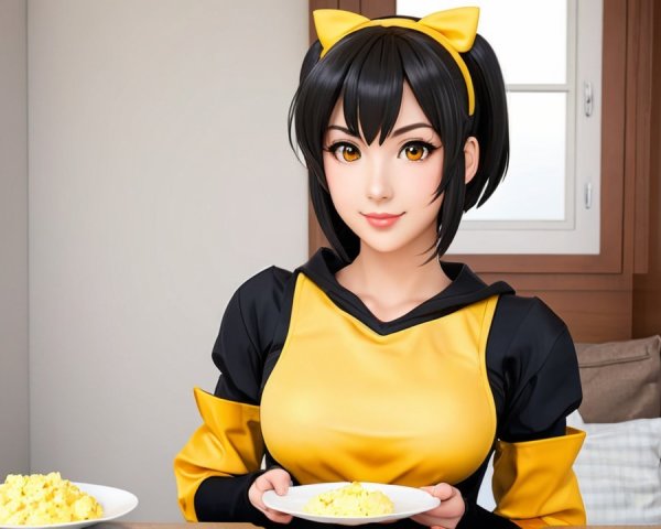 Cheerful character in cozy kitchen with fluffy food