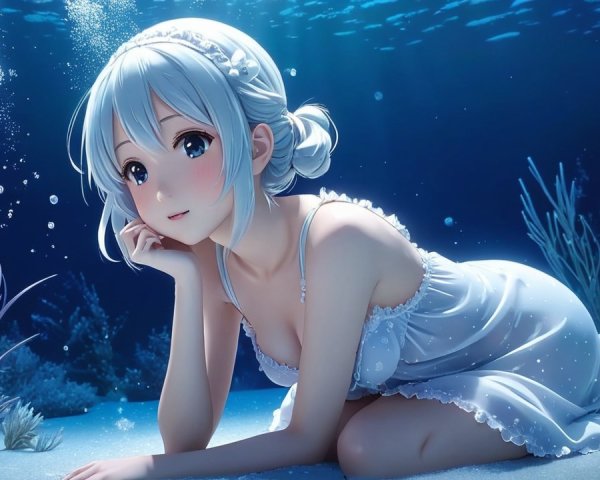 Underwater Scene of a Young Girl with Blue Hair