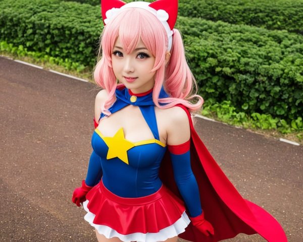 Young woman in colorful superhero costume outdoors