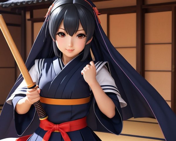 Young Woman in Traditional Japanese Attire with Staff
