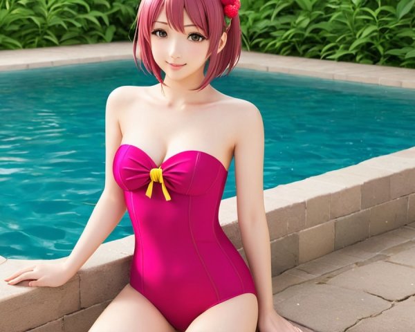 Character in Pink Swimsuit by Sparkling Pool