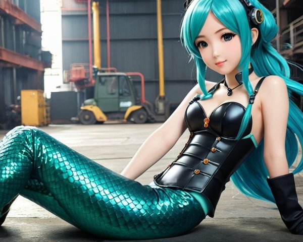 Turquoise-haired character in industrial setting with mermaid tail