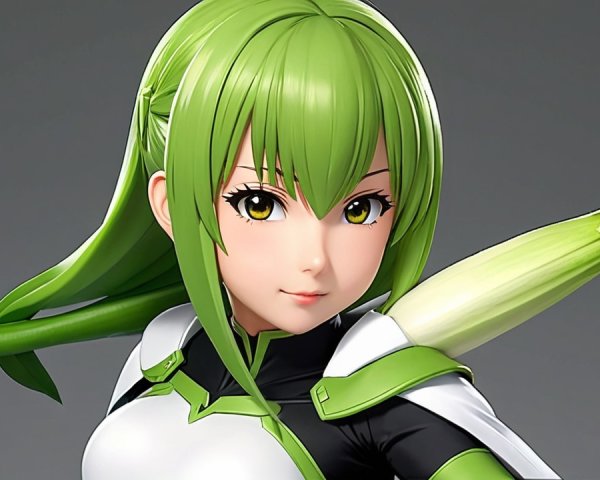 Stylized character with green hair and yellow eyes