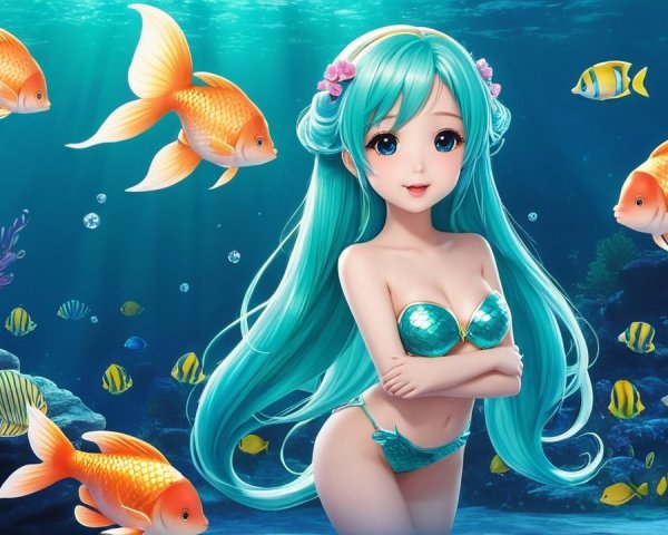 Vibrant Underwater Scene with Whimsical Mermaid