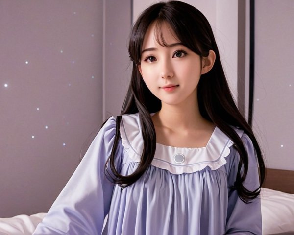 Young woman in light blue nightgown on a bed