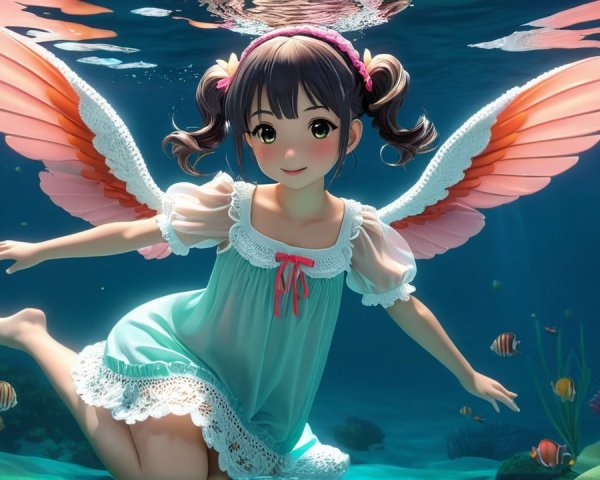 Whimsical Underwater Scene with Girl and Fish