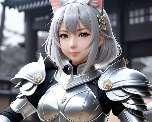 Feline Character in Silver Armor in Fantasy Setting