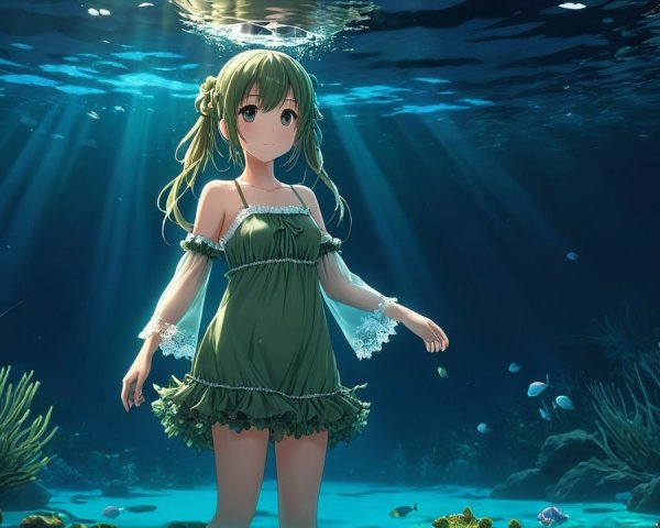 Young girl in green dress illuminated underwater