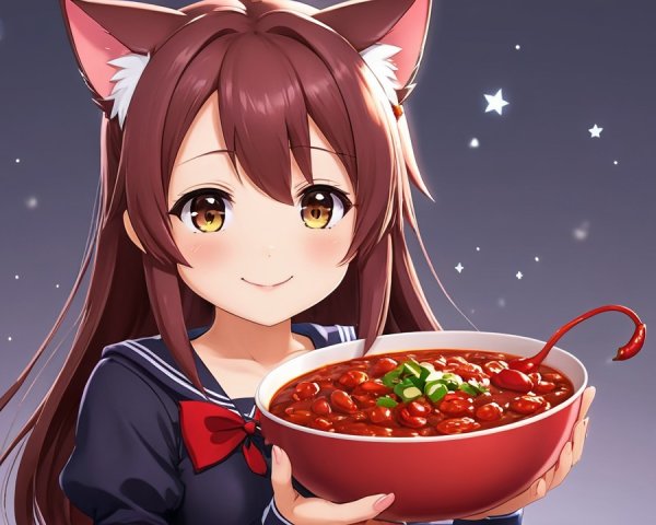 Cheerful anime character with cat ears and chili bowl
