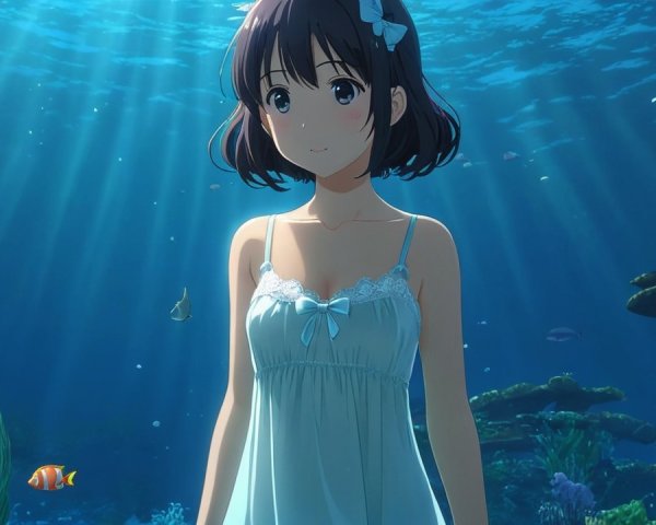 Young girl in vibrant underwater scene with fish and coral