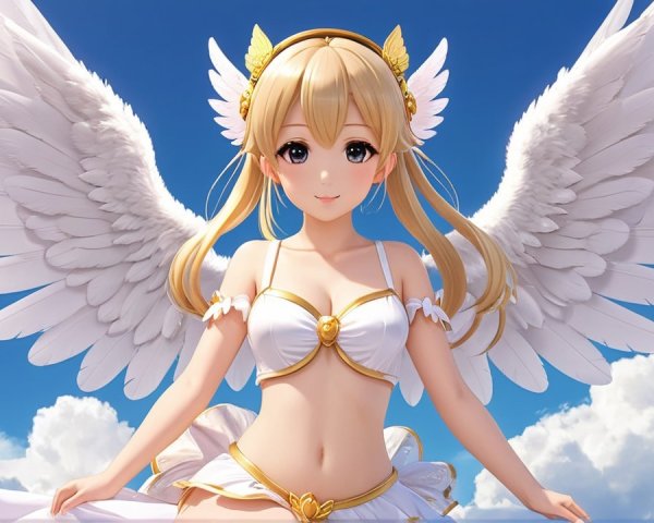 Fantastical Character with White Wings Against Blue Sky