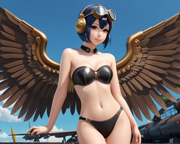 Stylized Character with Wings and Vintage Aircraft