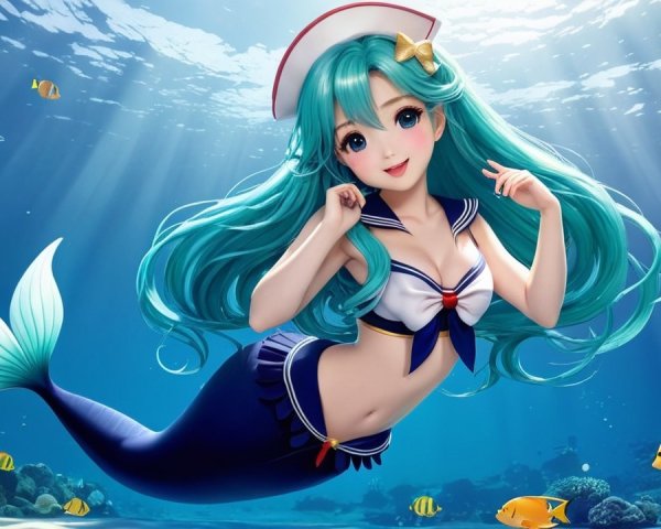 Vibrant Underwater Scene with Mermaid and Marine Life