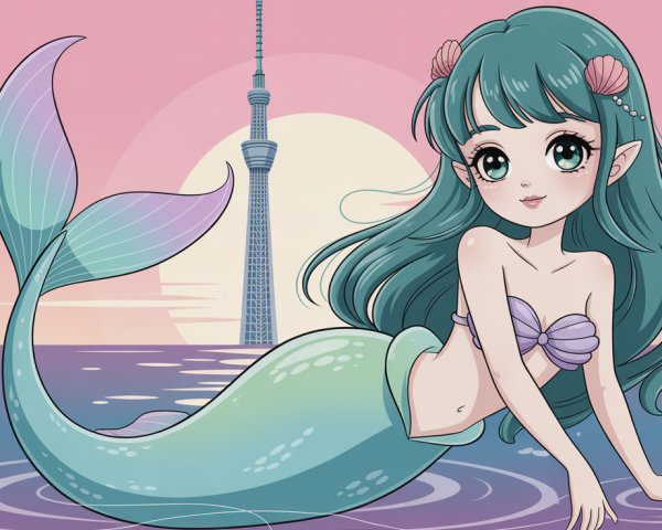 Cute Mermaid Illustration in Purple Water Setting