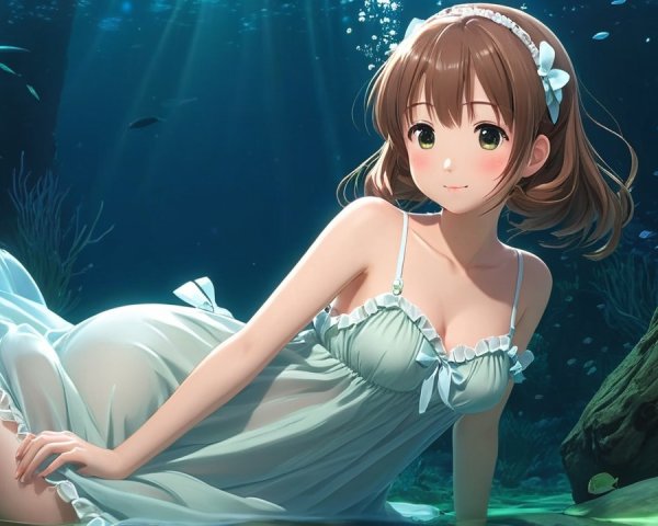 Underwater Scene with Girl in Sheer White Dress
