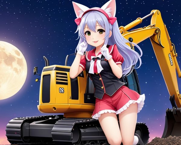 Anime girl with lavender hair beside yellow excavator