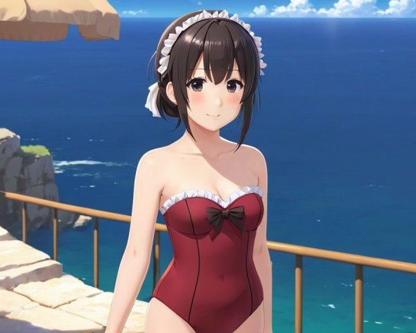 Young Female Character in Stylish Red Swimsuit by Ocean