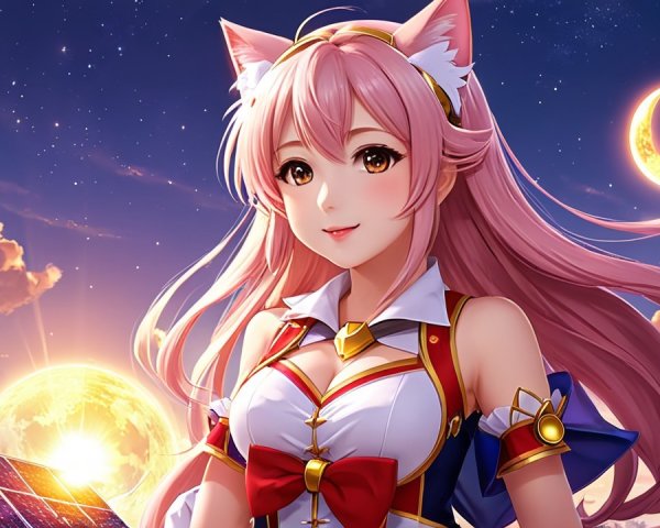 Vibrant anime character with cat ears at sunset