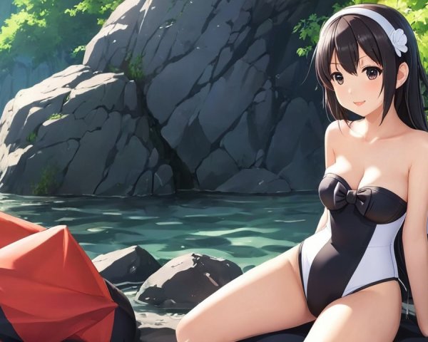 Young Woman in Swimsuit by Serene River Scene