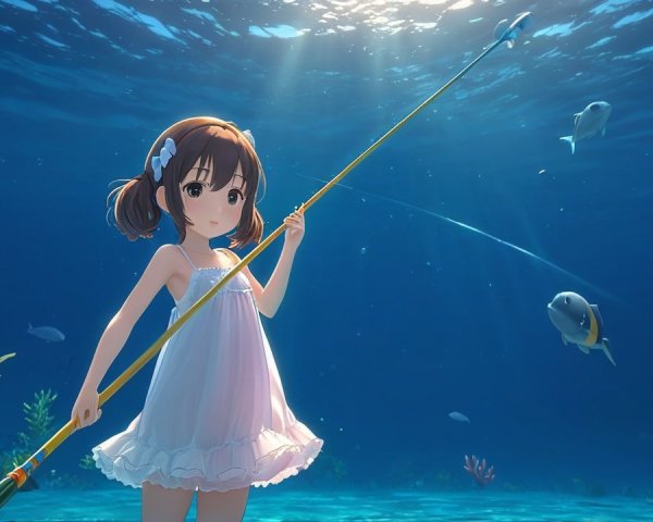 Young girl in white dress with spear underwater