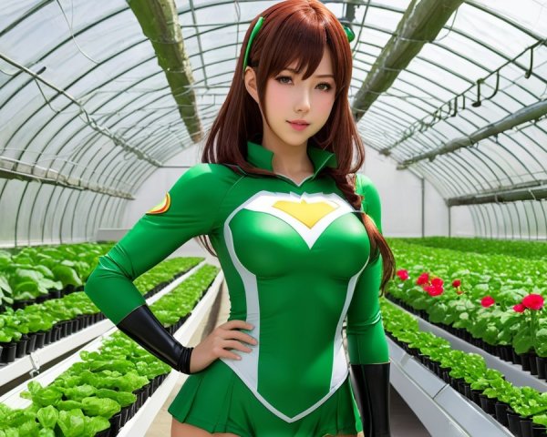 Woman in Green Outfit in Lush Greenhouse Setting