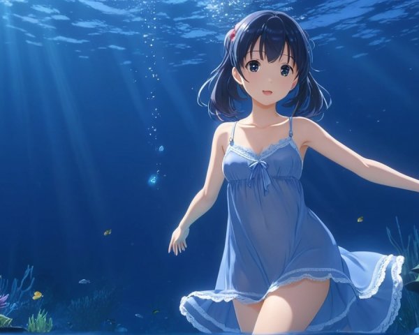 Young girl swimming with marine life in vibrant waters