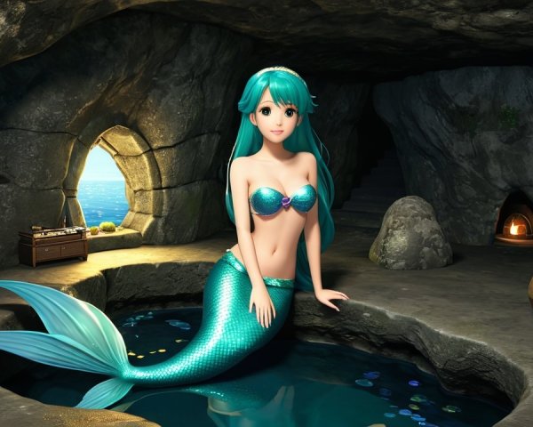 Vibrant 3D Mermaid in a Rocky Cave Environment