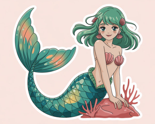 Cartoon Mermaid Sticker with Green Hair and Seashells