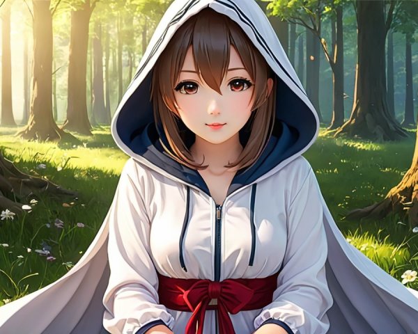 Young Woman in Cloak Surrounded by Forest Beauty