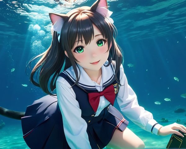 Cheerful Anime Girl Swimming with Colorful Fish