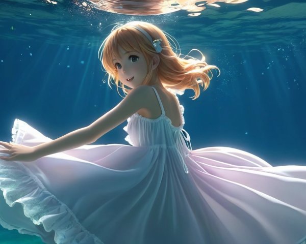 Young girl in white dress twirling underwater with fish
