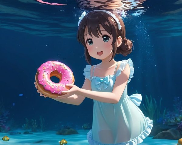 Anime girl swimming underwater with a pink donut