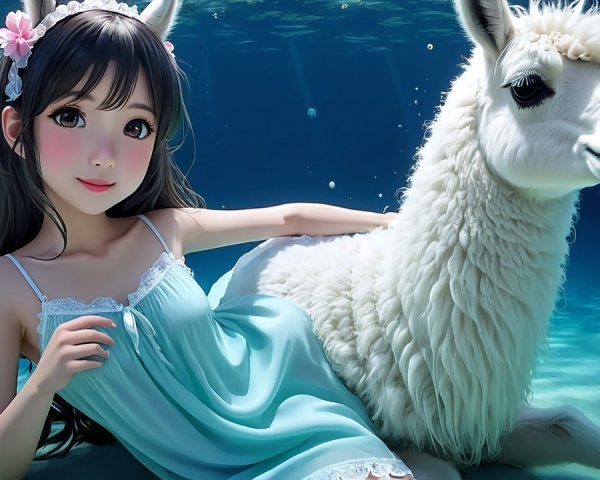 Underwater Scene with Woman and Llama in Sunlight