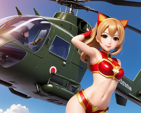 Anime Character with Cat Features and Helicopter Backdrop