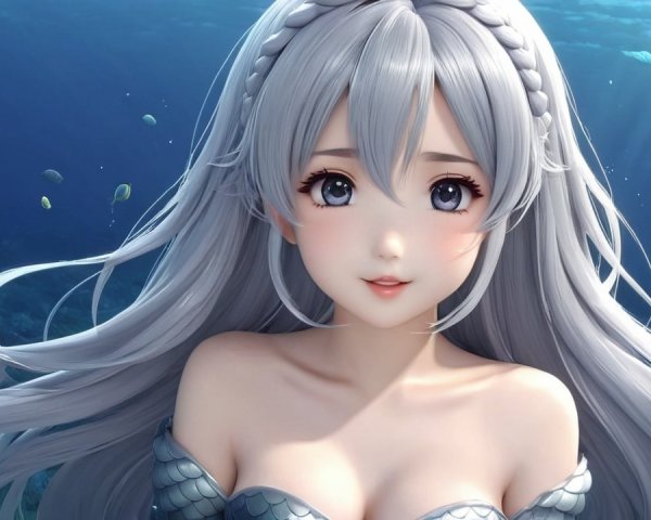 Anime-style mermaid swimming gracefully underwater