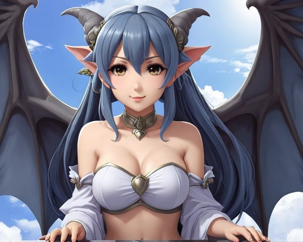 Fantasy Character with Blue Hair and Bat-Like Wings