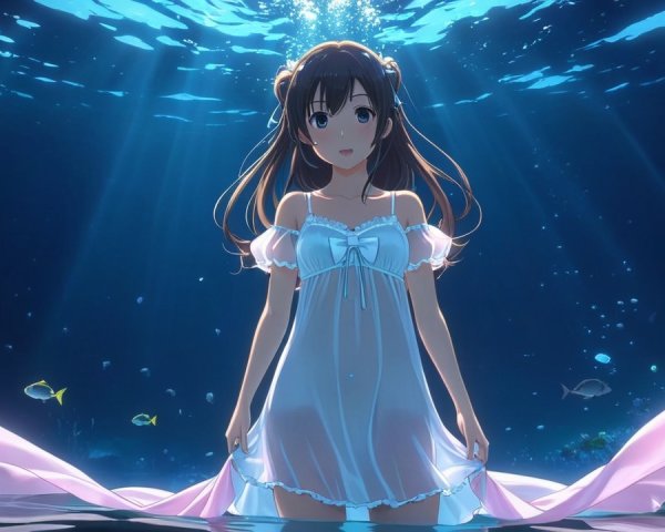Underwater Scene with Woman in Translucent Gown