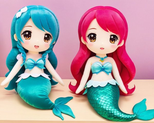 Plush mermaid dolls with vibrant hair and tails