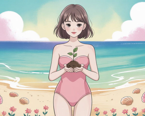 Anime Illustration of a Young Woman at the Beach