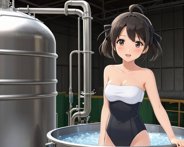 Cheerful Woman in Bubbles at Industrial Setting
